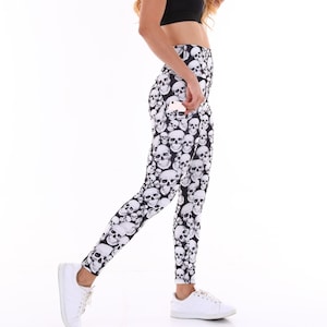 White Skull Leggings with Pockets – High-Waist, Full-Length Workout/Yoga Pants for Women, Squat-Proof Athleisure & Everyday Wear