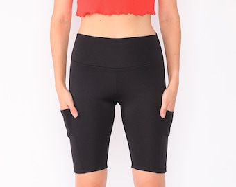 Black Biker Shorts with Pockets – High-Rise Yoga/Workout Gym Shorts, Squat-Proof Athleisure & Everyday Wear