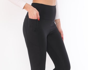 Hochwertige schwarze Aktivitäts-Leggings mit Taschen / Trainieren Sie Leggings in voller Länge / Damen-Leggings mit hoher Taille