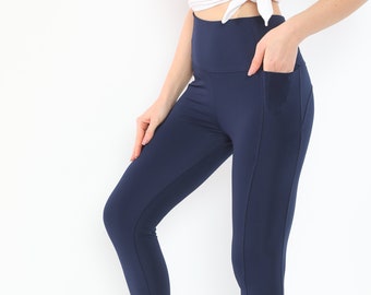 Premium Navy Blue Activity Leggings W/Pockets / Work out Full Length Leggings / Women's High Waist Leggings