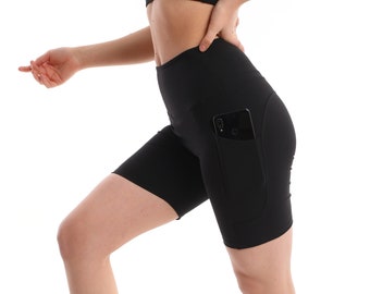 Black Biker Shorts with Pockets – High-Waist Yoga/Workout Gym Shorts, Squat-Proof Athleisure & Everyday Wear