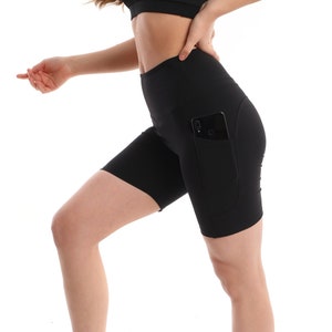 Black Biker Shorts with Pockets – High-Waist Yoga/Workout Gym Shorts, Squat-Proof Athleisure & Everyday Wear