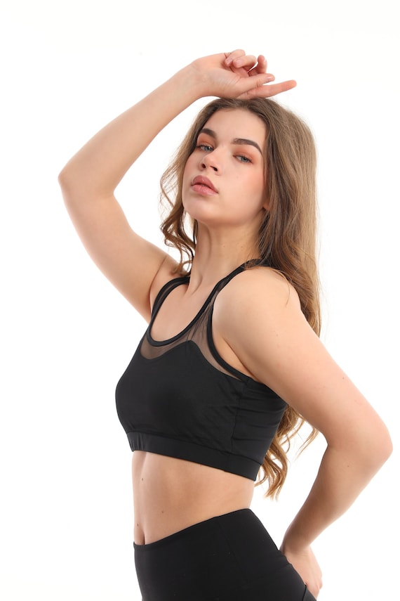 Black Tulle Mesh Sports Bra – Medium Support Yoga Gym Top