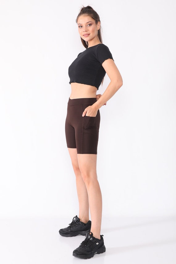 Brown Women Yoga Shorts Pocket, Sports Gym Fitness Activewear