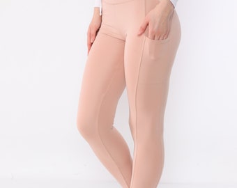 Premium Beige Aktivitäts-Leggings mit Taschen / Trainieren Sie Leggings in voller Länge / Damen-Leggings mit hoher Taille