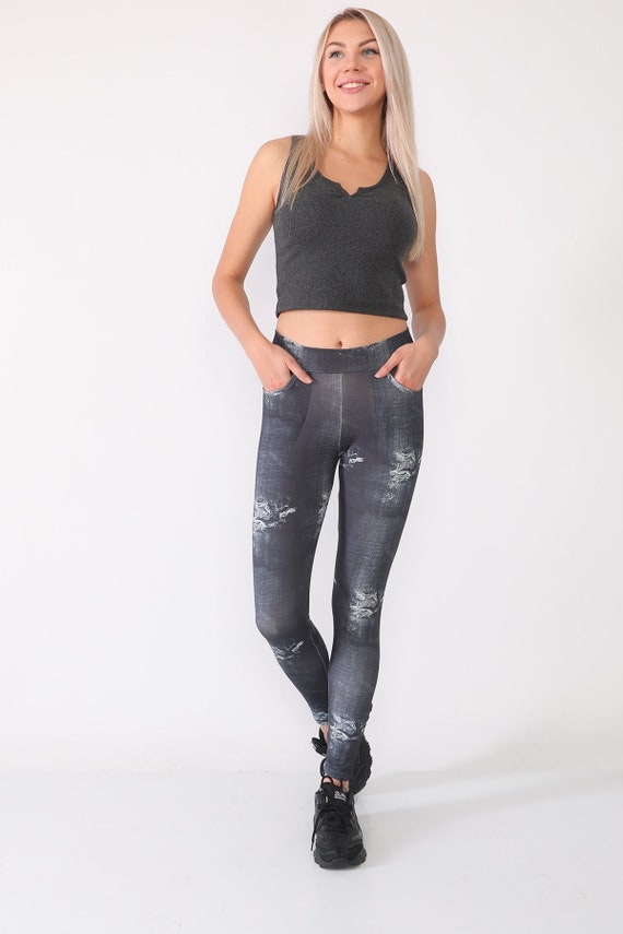 Premium Black Denim Jeans Style Women's Leggings W/pockets / Work Out Full  Length Leggings / Women's High Waist Leggings 