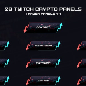 Könnte beinhalten: 28 Twitch Crypto Panels Trader Panels V-1. Ein Satz von 28 anpassbaren Twitch-Panels mit schwarzem Hintergrund, weißem Text und einem blauen und roten Pfeil-Design. Die Panels beinhalten Titel wie "Kontakt", "Soziale Medien", "Discord", "Über mich", "Instagram", "Zeitplan", "Abonnieren", "Twitter", "PC-Spezifikationen", "Spenden", "YouTube" und "Befehle".