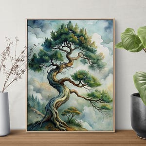 May include: Watercolor painting of a bonsai tree with a twisted trunk and green foliage. The artwork is framed in a light wood frame and set against a cloudy sky background. A decorative piece for home decor.