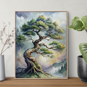 May include: Watercolor painting of a bonsai tree with a twisted trunk and green foliage. The artwork is framed and set against a backdrop of a cloudy sky and rolling hills. A decorative vase and potted plant are in the foreground.
