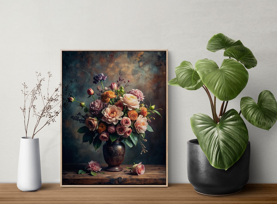 Rustic Dark Floral Still Life Painting | Muted Tone Wall Art - Etsy