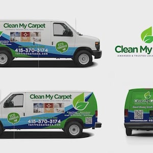 Könnte beinhalten: Weißer Transporter mit grünen und blauen Grafiken, der "Clean My Carpet" bewirbt. Der Transporter zeigt ein Blatt-Logo, die Telefonnummer 415-370-3174 und die Website. Das Design enthält Bilder von Teppichen und die Worte "ECO FRIENDLY".