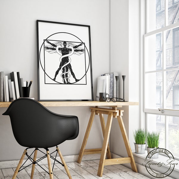 Symbol of Medicine/ Vitruvian Man/ Anatomy/ Da Vinci/ SVG/ DXF/ EPS/ Png/ Pdf/ Digital Printable/ Laser Cut Cnc/ Office Clinic Decor/ Tshirt