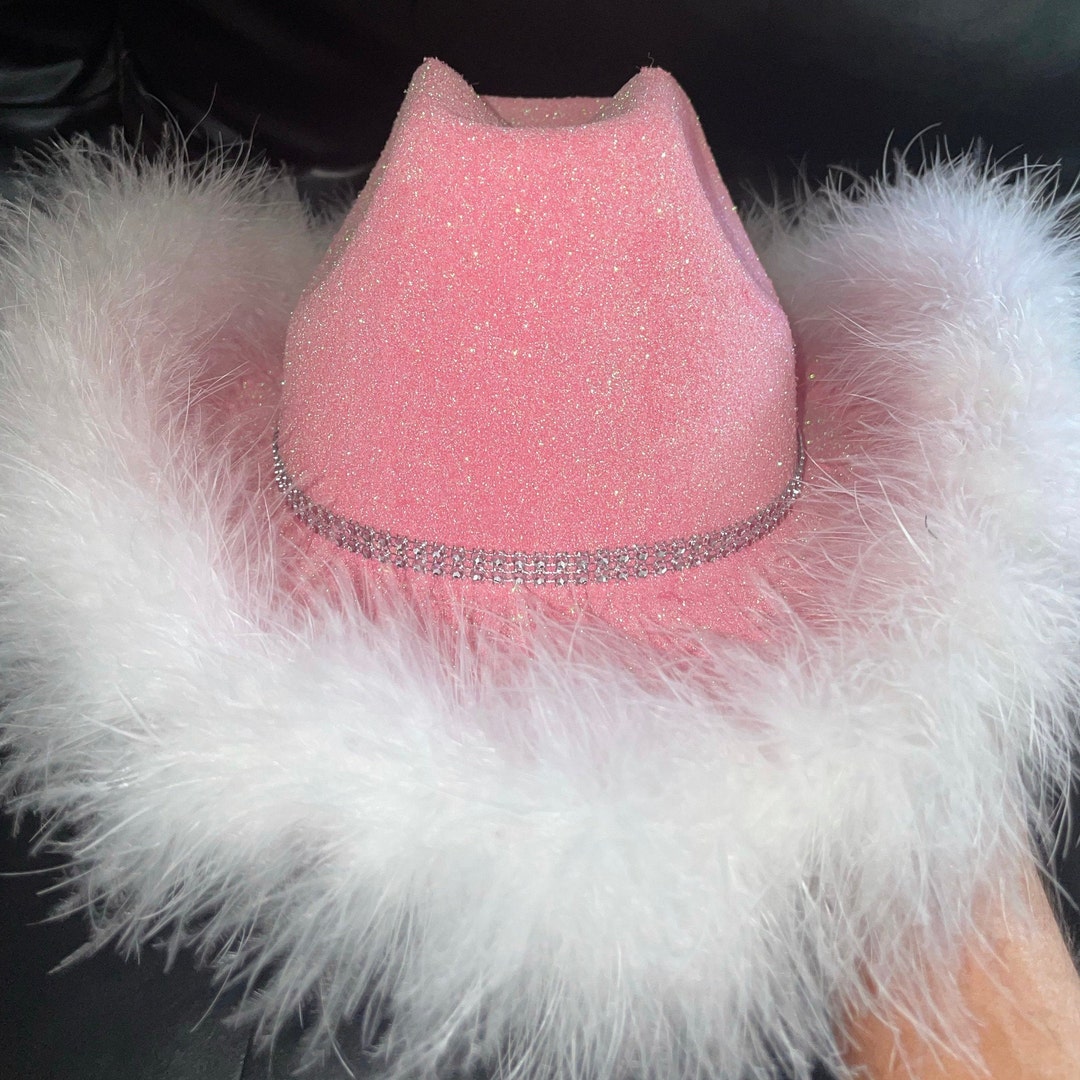 Winter Savings !40g Turkey Feathers Hat with Feathers Boa Novelty Pink  Feather Blinking Rhinestone Cowboy Hat Dancing Wedding Crafting up Wedding