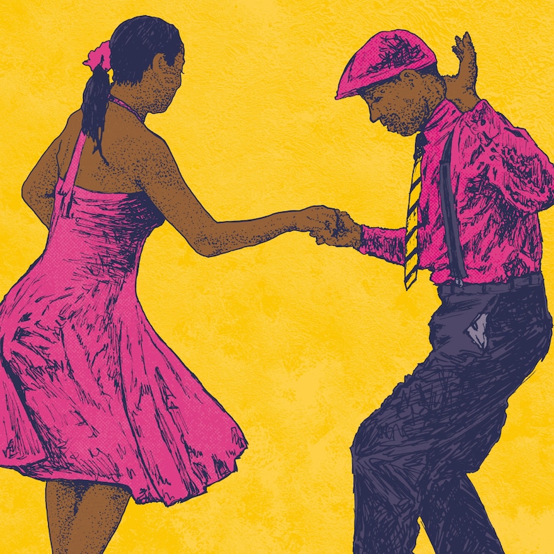 May include: A woman in a pink dress and a man in a pink shirt and blue pants are dancing. The woman is wearing a pink dress with a white trim. The man is wearing a pink shirt with a white collar and a blue tie. They are both smiling and having fun.