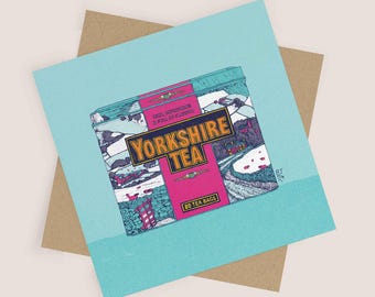 Yorkshire Winter Pop Art Greeting Card | Vibrant Tea box Illustration | Blank Card and Kraft envelope | Pop art Card, British Tea Lover