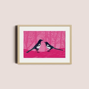 Magpies print | Two for joy | Pink print | bird lovers, cute birds, magpie, black & white bird, bird | Unframed