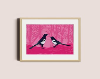 Magpies print | Two for joy | Pink print | bird lovers, cute birds, magpie, black & white bird, bird | Unframed