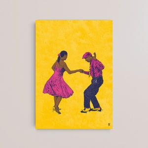 May include: A couple dances on a yellow background. The woman wears a pink dress and the man wears a red shirt, blue pants, and a hat.