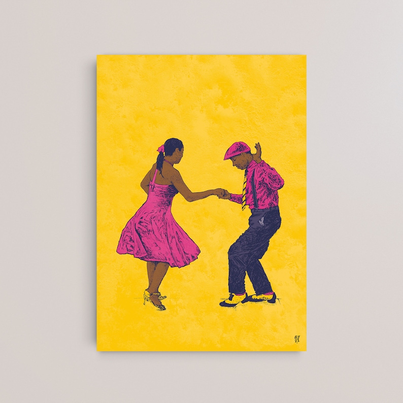 May include: A couple dances on a yellow background. The woman wears a pink dress and the man wears a red shirt, blue pants, and a hat.