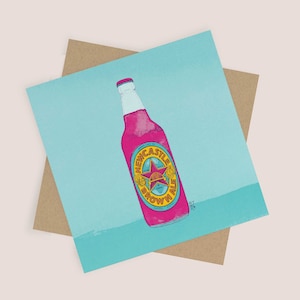 Biglietto Pop Art Newcastle Brown Ale / Illustrazione di una bottiglia di birra vivace / Biglietto vuoto e busta Kraft / Biglietto Pop Art, Newcastle