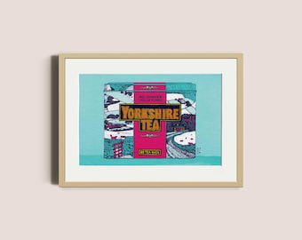 Pudełko na herbatę Yorkshire Classic – zimowe kolory | Grafika z motywem Yorkshire | Sztuka ścienna, Dekoracje kuchenne, Miłośnicy herbaty, Niebieskie tło | Bez ramki