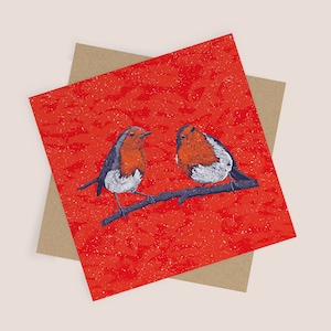 Tarjeta navideña de petirrojos | Tarjeta con temática navideña / Tarjeta en blanco y sobre Kraft / Petirrojos navideños, pájaros lindos, pájaro feliz, amor de petirrojo