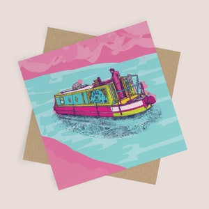 Carte de voeux étroite de bateau sur le canal | Art numérique dynamique | Carte vierge et enveloppe kraft | Amateurs de bateaux