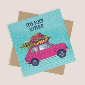 Biglietto di Natale con avventura in auto / Illustrazione di biglietto di Natale / Biglietto vuoto e busta Kraft / Biglietto di Natale divertente, biglietto di Buon Natale