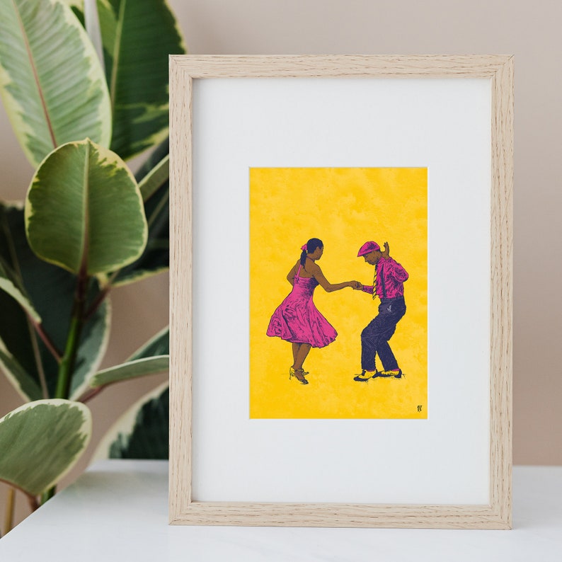 May include: A framed illustration of a couple dancing on a yellow background. The woman is wearing a pink dress and the man is wearing a blue shirt and a red hat.