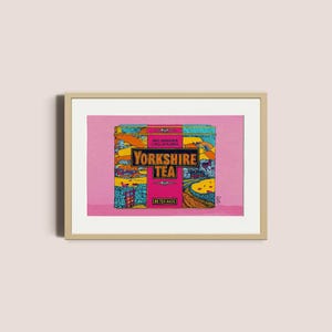 Scatola da tè Yorkshire con sfondo rosa / Stampa iconica del tè Yorkshire / Arte murale, Decorazioni per la cucina, Amanti del tè, Amore rosa, Colori primaverili / Senza cornice