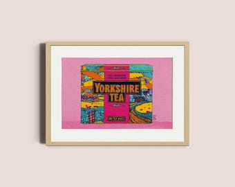 Tło z kultowym motywem Yorkshire w kolorze różowym | Kultowy nadruk z Yorkshire | Sztuka ścienna, Dekoracje kuchenne, Miłośnicy herbaty, Różowa miłość, Kolory wiosny | Bez ramki