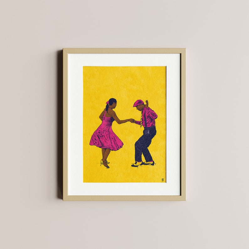 May include: A framed illustration of a couple dancing on a yellow background. The woman is wearing a pink dress and the man is wearing a blue shirt and pants. The illustration is in a simple, graphic style.