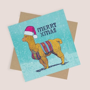 Alpaga festif – Design joyeux Noël | Illustration drôle d'alpaga | Carte vierge et enveloppe kraft | Carte de Noël, Carte unique