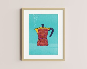 Coffee and colour | Moka pot print | Espresso poster | Colourful moka pot, coffee lovers gift, modern kitchen decor | Unframed