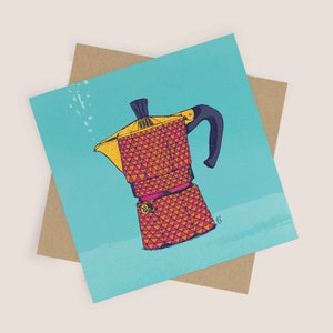 May include: A colourful, geometric patterned, metal coffee pot with a black handle. The pot is on a blue background.