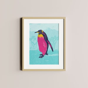 Penguin print | Emperor penguin | Colourful print | Cute penguin, penguin lover, pink penguin, happy penguin | Unframed