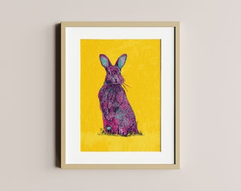Rabbit | Pink Cute Bunny | Spring decor | Colourful | Friendly rabbit, Rabbits lover, nursery decor, vibrant colours, Easter gift | Unframed