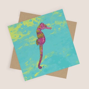 Biglietto d'auguri colorato con cavalluccio marino / Arte subacquea vibrante / Biglietto vuoto e busta Kraft / Biglietto di vita marina / Biglietto per tutte le occasioni