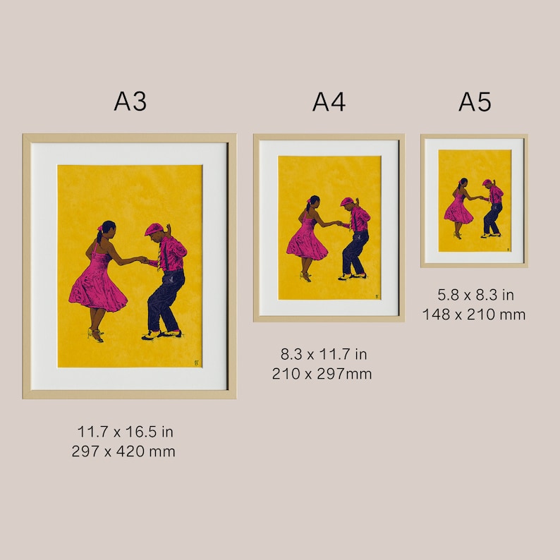 May include: Three framed prints of a couple dancing on a yellow background. The couple is wearing pink and blue clothing. The prints are in different sizes: 11.7 x 16.5 inches, 8.3 x 11.7 inches, and 5.8 x 8.3 inches.