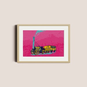 Stephenson&#39;s Rocket | Steam train | Train | Industrial revolution, Train print, Train lover, colourful print, Magic realism print | Unframed