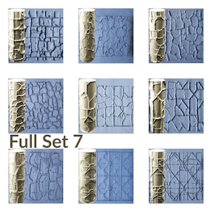 May include: A set of 7 textured rolling pins for creating decorative patterns on cakes, cookies, and other baked goods. The rolling pins are made of a beige-colored material and have different patterns, including brick, stone, and geometric designs. The text "Full Set 7" is visible in the image.