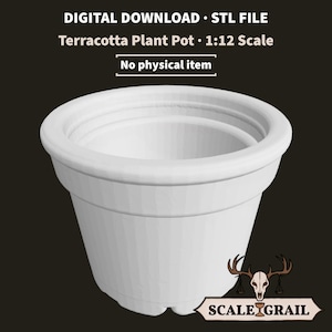 Puede incluir: Un modelo 3D blanco de una maceta con borde ancho y base cónica. El texto dice: DIGITAL DOWNLOAD • STL FILE, Terracotta Plant Pot • 1:12 Scale, No physical item. Un logotipo con un cráneo y astas incluye el texto SCALE GRAIL.