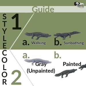 May include: Guide for customizing alligator figurines.  Choose from two styles: walking or sunbathing.  Choose from two colors: gray (unpainted) or painted.