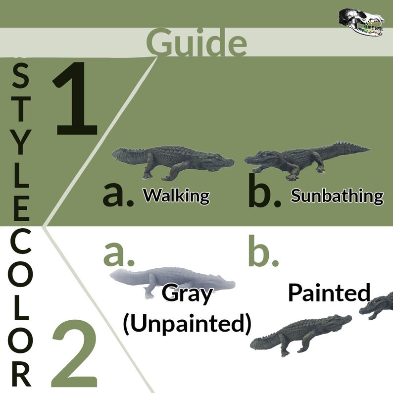 May include: Guide for customizing alligator figurines.  Choose from two styles: walking or sunbathing.  Choose from two colors: gray (unpainted) or painted.