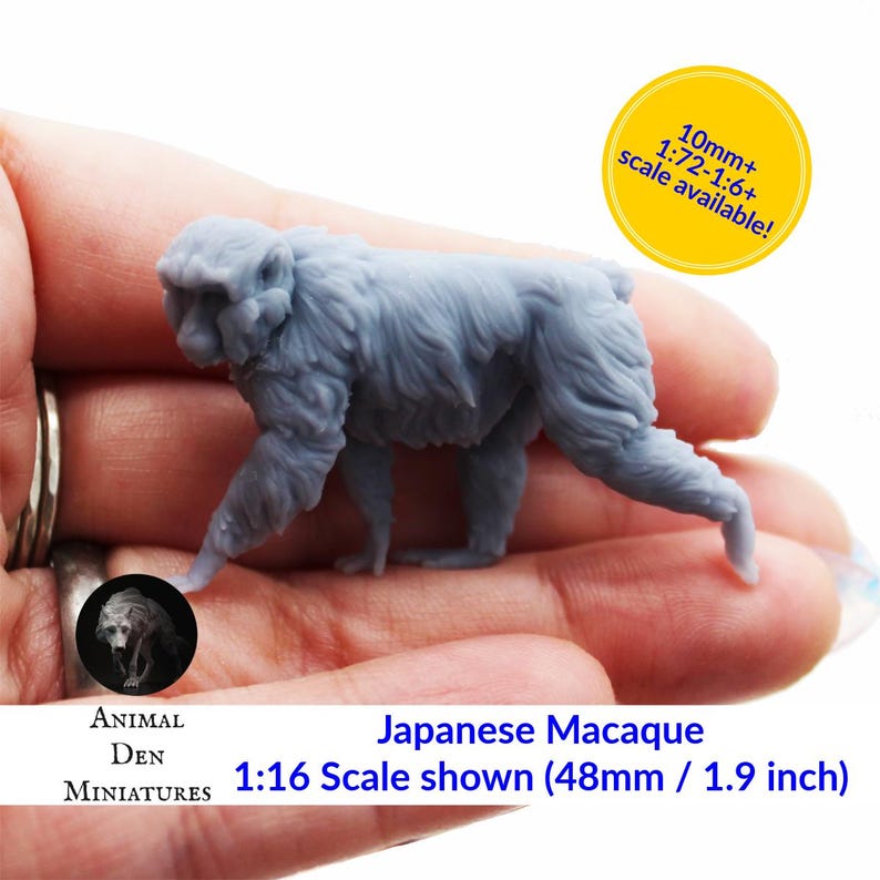 May include: A light grey miniature Japanese Macaque monkey, approximately 4.8 cm long, is held in a hand. The miniature is part of the Animal Den Miniatures collection. Text on the image indicates scale availability.