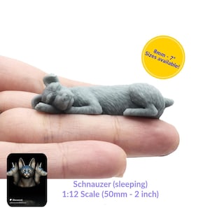Könnte beinhalten: Eine graue, im 3D-Druck hergestellte Miniaturfigur eines schlafenden Schnauzer-Hundes. Die Figur ist 50 mm lang und wird zur Größenbestimmung in einer Hand gezeigt. 8mm - 7" Größen verfügbar! Schnauzer (schlafend) Maßstab 1:12 (50mm - 2 Zoll)