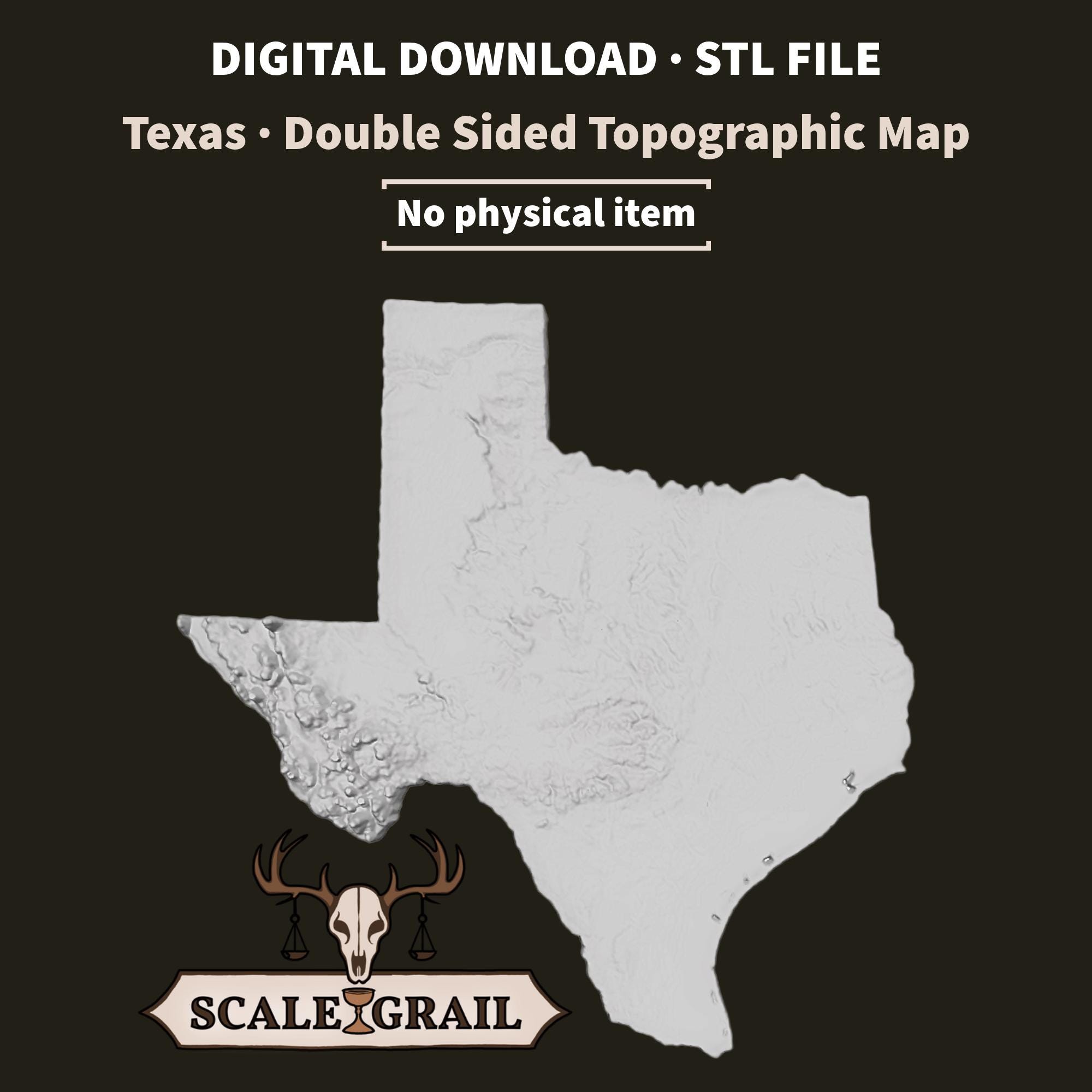 Texas Topographic Map STL File 12mm 3D Print Digital Download Terrain Relief Model