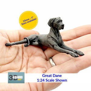May include: A gray Great Dane figurine in a relaxed pose. The sculpture is detailed and realistic, with the text "10mm - 7" Sizes available!" in a yellow circle. The text "Great Dane 1:24 Scale Shown" is also visible.