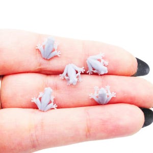 Puede incluir: Una colección de pequeñas figuras de ranas de color azul claro. Las ranas en miniatura están distribuidas sobre una superficie, mostrando sus detalles. Estas pequeñas esculturas de anfibios son ideales para manualidades o fines decorativos.
