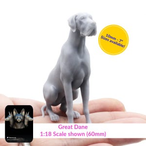May include: A gray 3D printed Great Dane dog figurine sitting on a hand. The figurine is 60mm tall and is available in sizes from 10mm to 7 inches.
